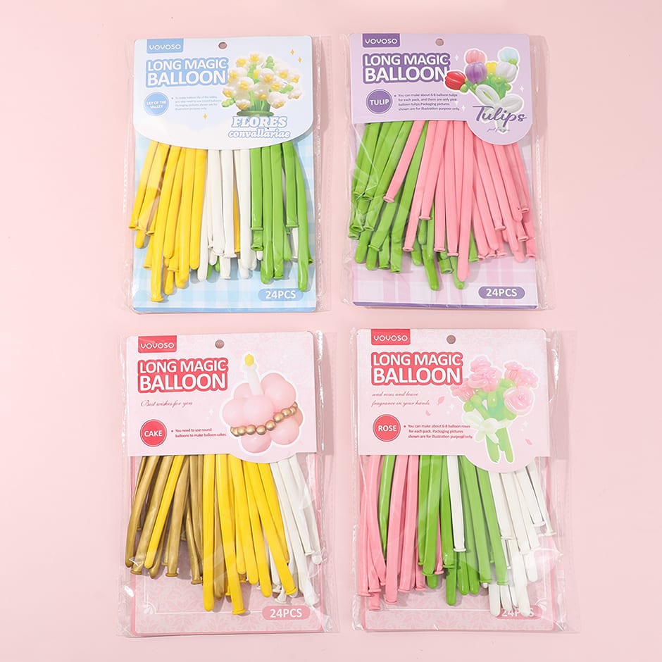 Cuatro paquetes con diferentes modelos y combinaciones de globos largos