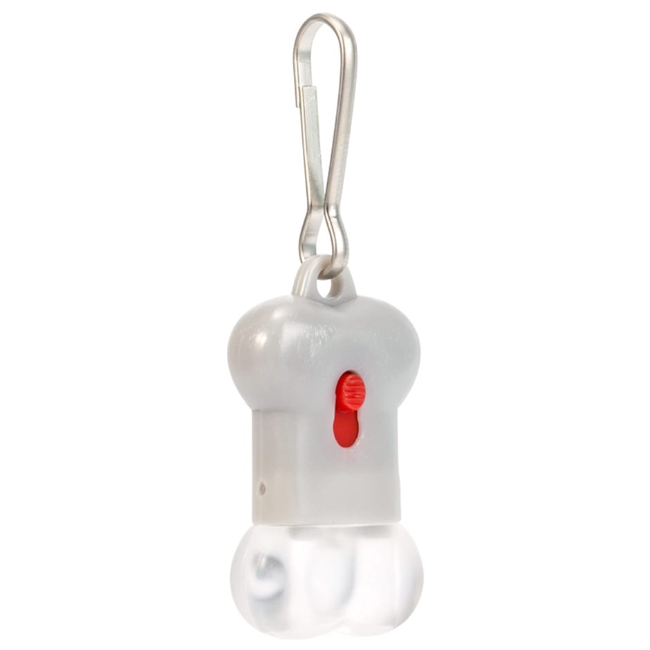 Dije con luz para collar de mascota en forma de huesito con interruptor rojo y gancho metálico