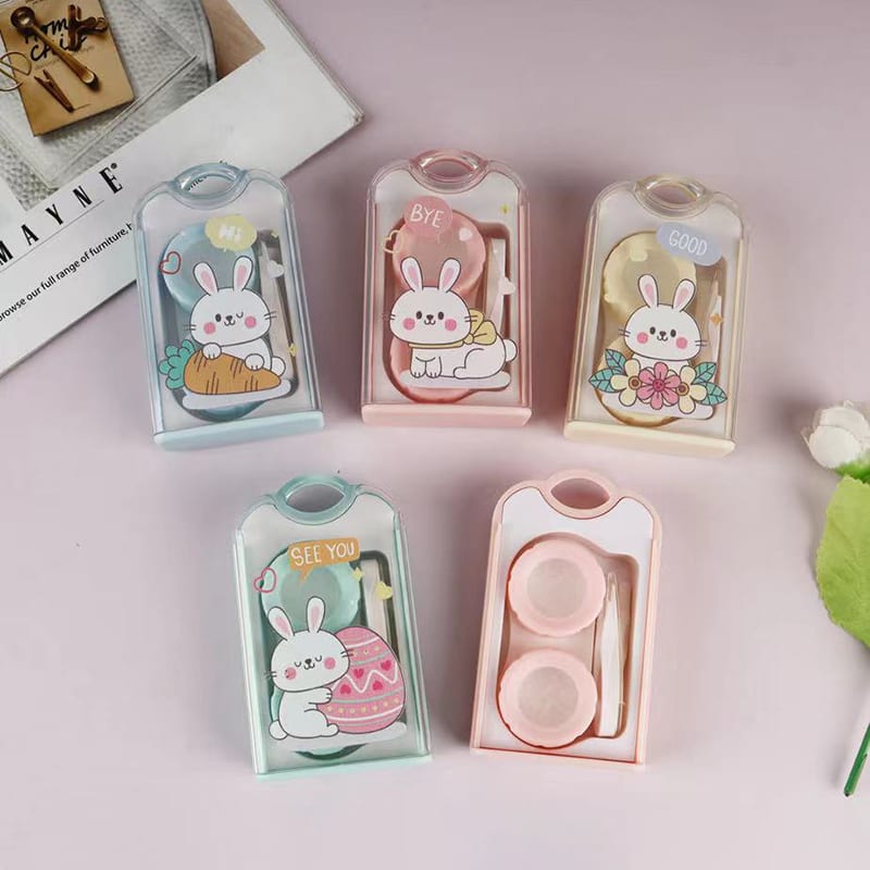 Estuches portátiles transparentes para lentes de contacto con ilustraciones de conejito en tonos pastel