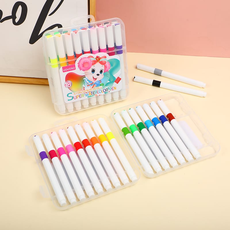 Marcadores de colores en estuche abierto junto a dos marcadores sueltos