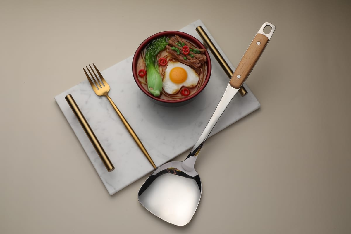 Espátula de cocina con mango de madera junto a tazón de fideos decorativo