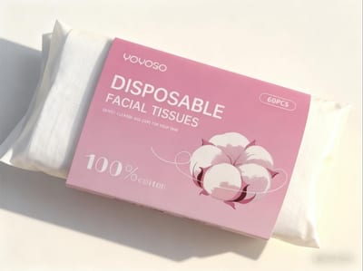 Empaque rosado de toallas faciales desechables con ilustración de flor de algodón
