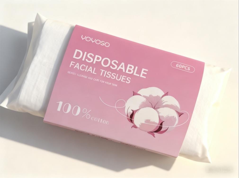 Empaque rosado de toallas faciales desechables con ilustración de flor de algodón